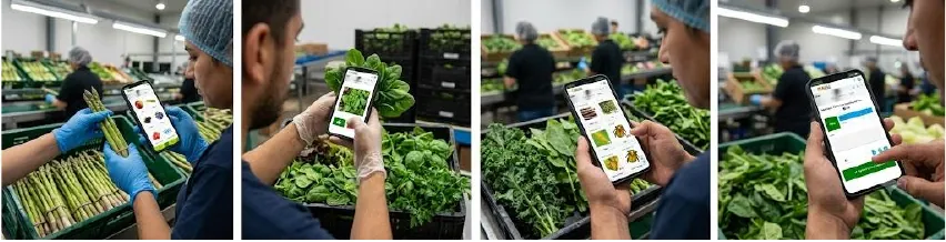 Inspectors using the AI quality app on asparagus, basil, kale and spinach