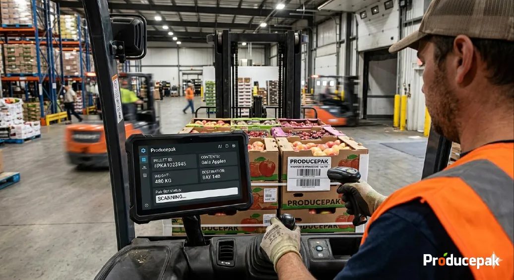 Forklift driver scanning pallets of apples with Producepak and Pak-Bot on a mounted tablet