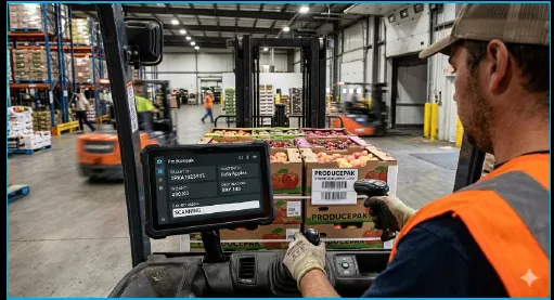 Forklift driver scanning a pallet during dispatch with Producepak on a tablet