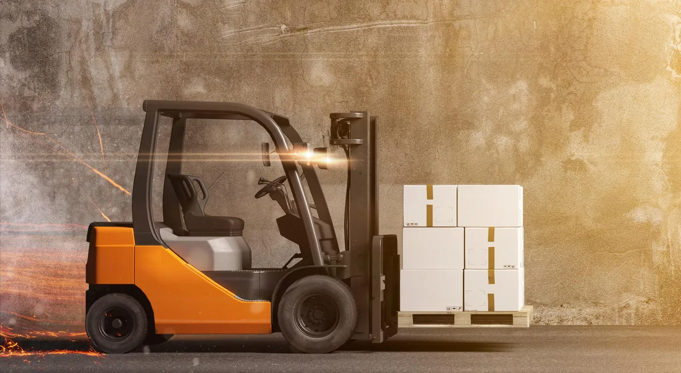 Forklift carrying a pallet of cartons, tracked automatically with Producepak RFID pallet control
